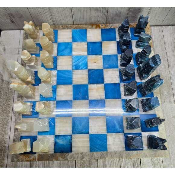 Vtg Aqua Blue White Marble Chess Board Carved Pieces Complete Set 13.5" x 13.5" - Picture 2 of 15